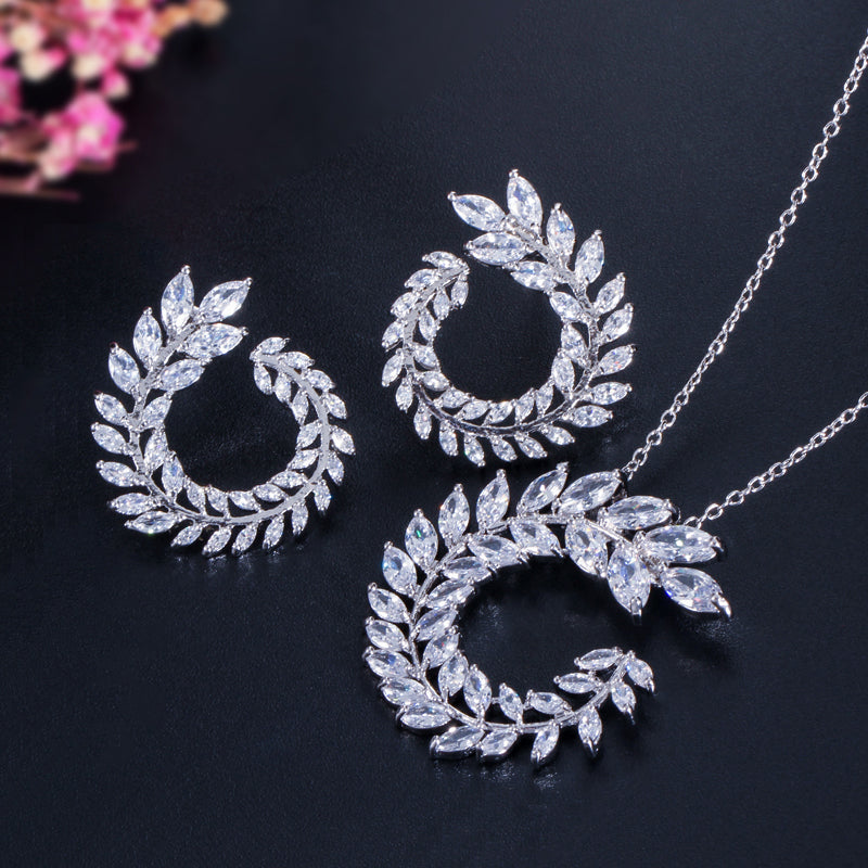Sparkly Cubic Zirconia Leaf Necklace & Earring Set – Marquise Cut Olive Branch Design Jewelry for Women