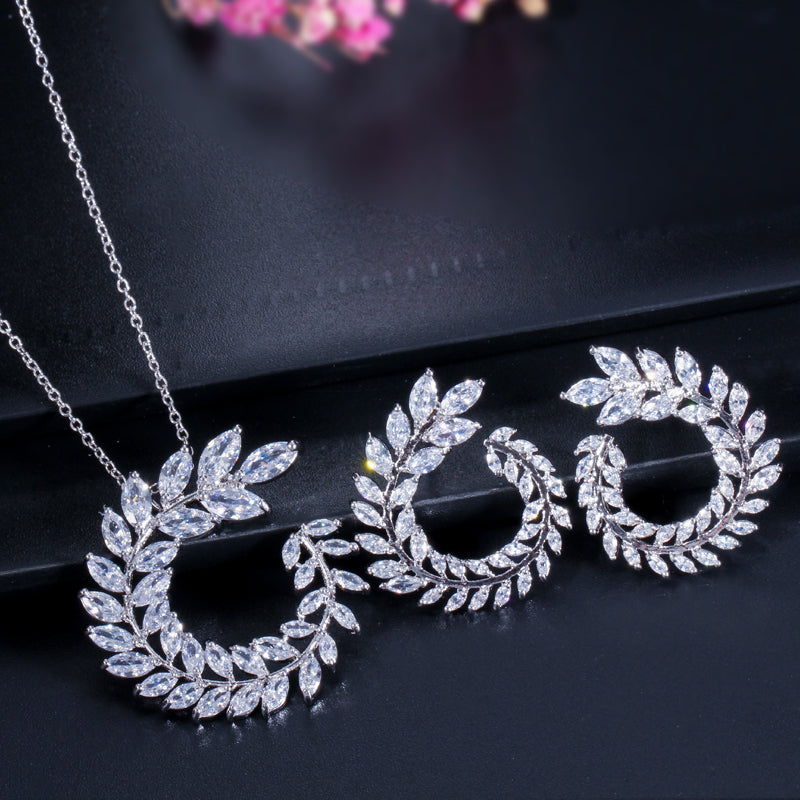 Sparkly Cubic Zirconia Leaf Necklace & Earring Set – Marquise Cut Olive Branch Design Jewelry for Women