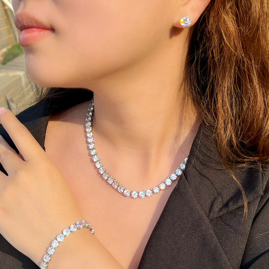 3-Piece Sparkling CZ Tennis Jewelry Set – White Round Cubic Zirconia Necklace, Bracelet & Earrings for Women