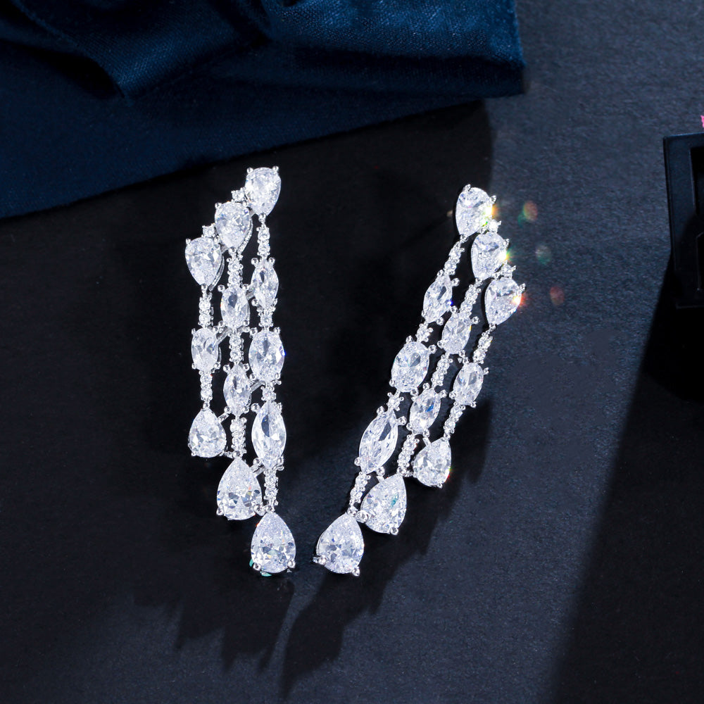 Geometric Water Drop CZ Pave Long Earrings – 3-Line Micro Cubic Zirconia Bridal & Party Jewelry for Women