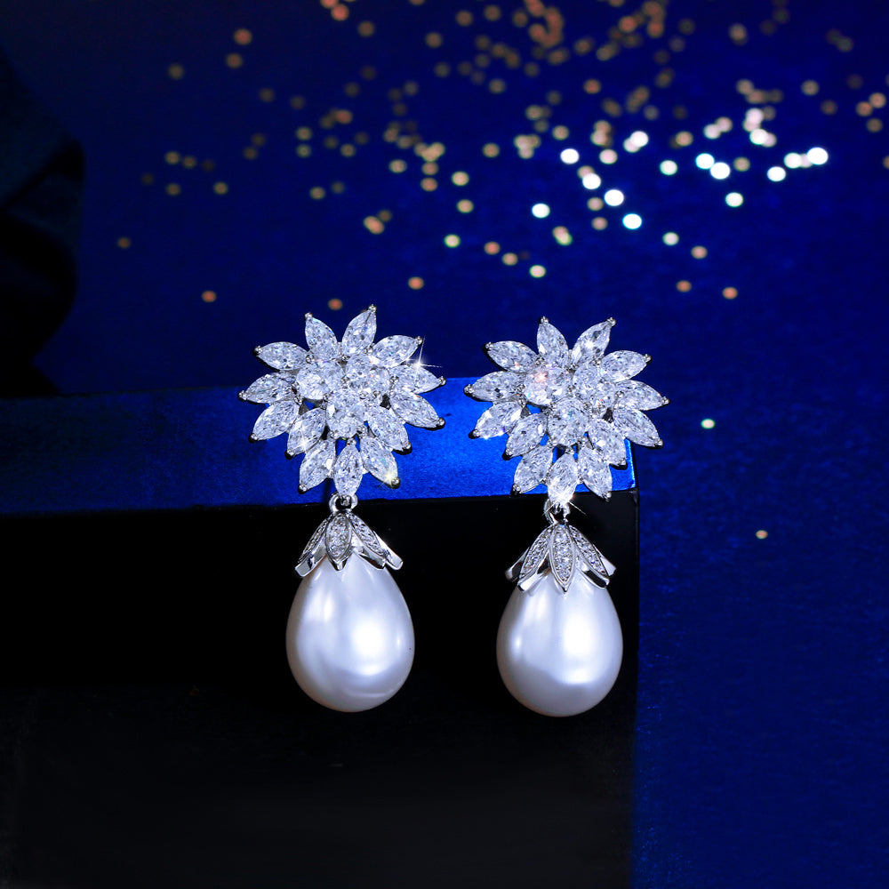 Sparkling CZ & Pearl Drop Earrings – Silver Plated Bridal Dangle Earrings for Women’s Wedding Accessories