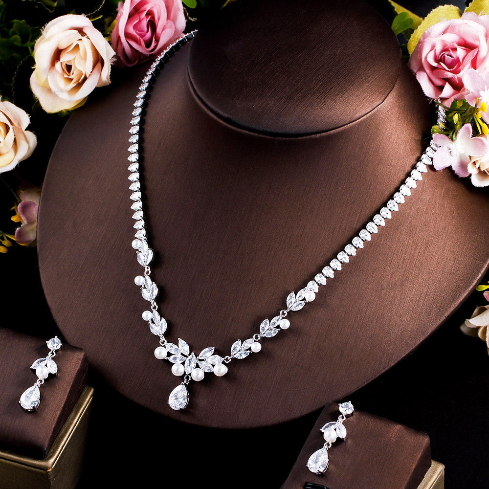 Hawaiian Pearl with Cubic Zirconia Crystal Bridal Jewelry Set – Silver Plated Necklace & Dangle Earrings for Women