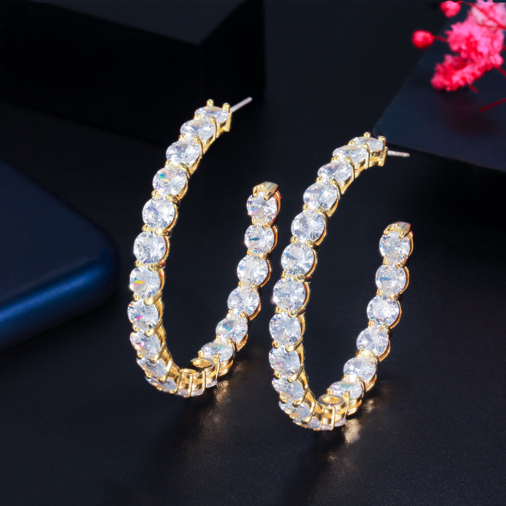 Bling Iced Out CZ Large Hoop Earrings – Round Cubic Zirconia Luxury Bridal & Party Jewelry for Women