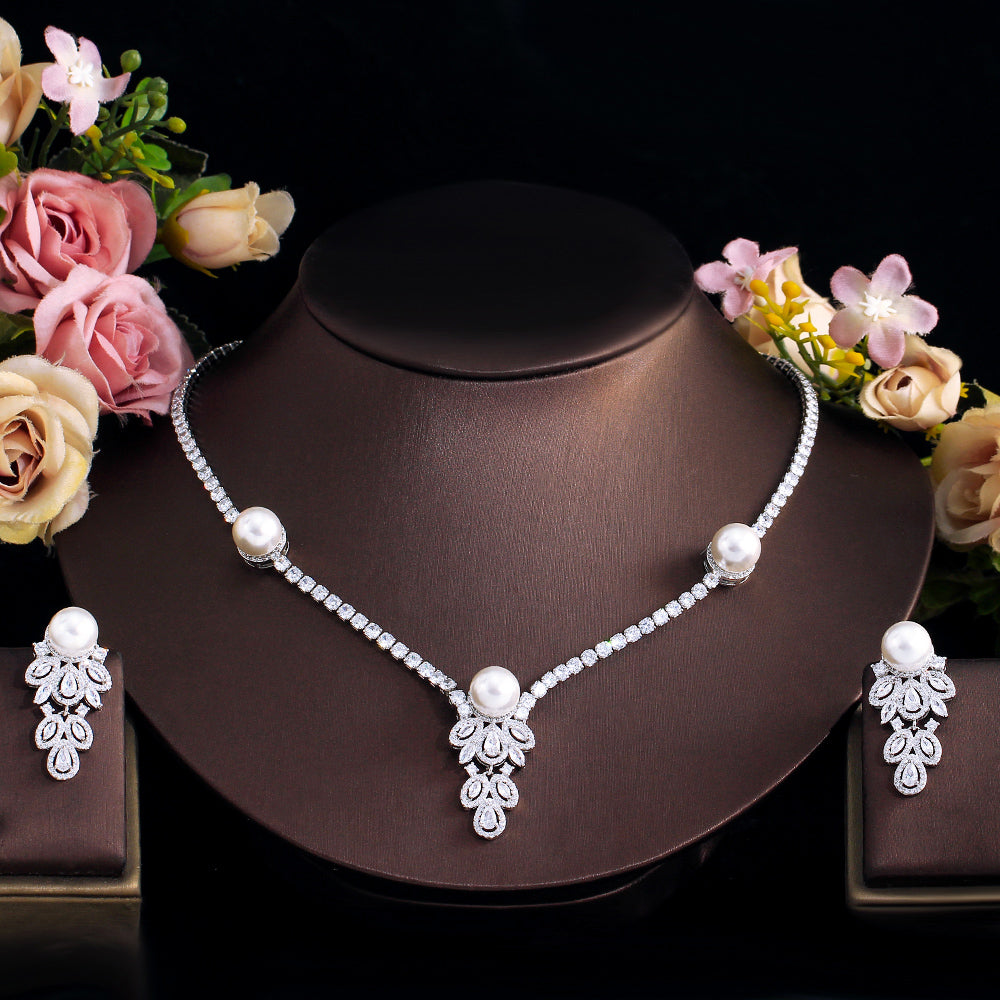 Cubic Zirconia & Pearl Bridal Jewelry Set – Elegant Wedding Necklace and Earrings for Women