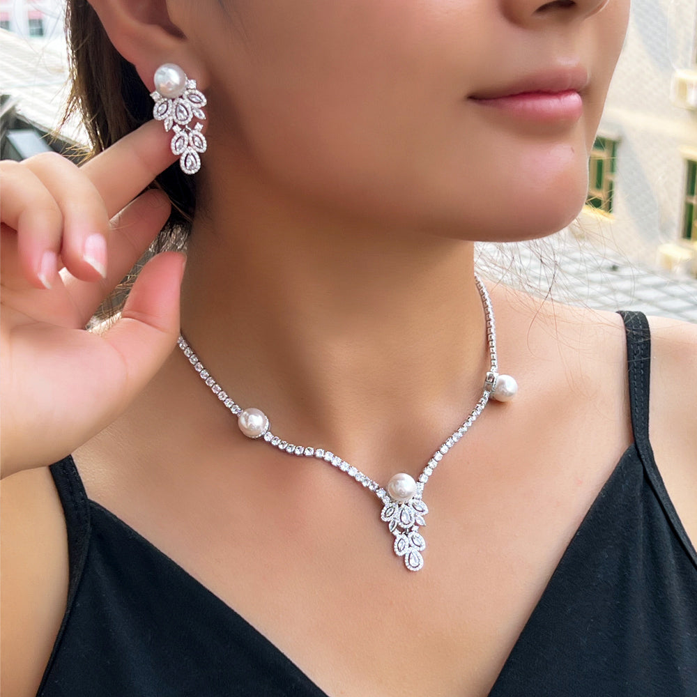 Cubic Zirconia & Pearl Bridal Jewelry Set – Elegant Wedding Necklace and Earrings for Women