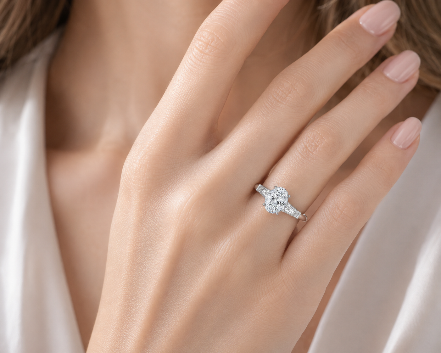14K Oval 3-Stone Engagement Ring – 1.00 CT Center with 0.50 CT Tapered Baguettes