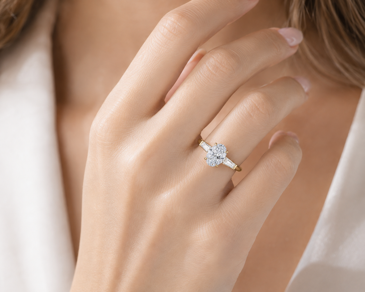 14K Oval 3-Stone Engagement Ring – 1.00 CT Center with 0.50 CT Tapered Baguettes