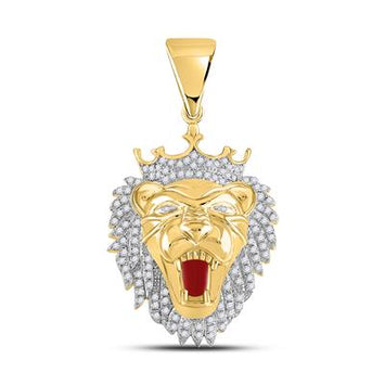 10k Yellow Gold Round Diamond Lion Head Animal Charm Pendant - 7/8 TW