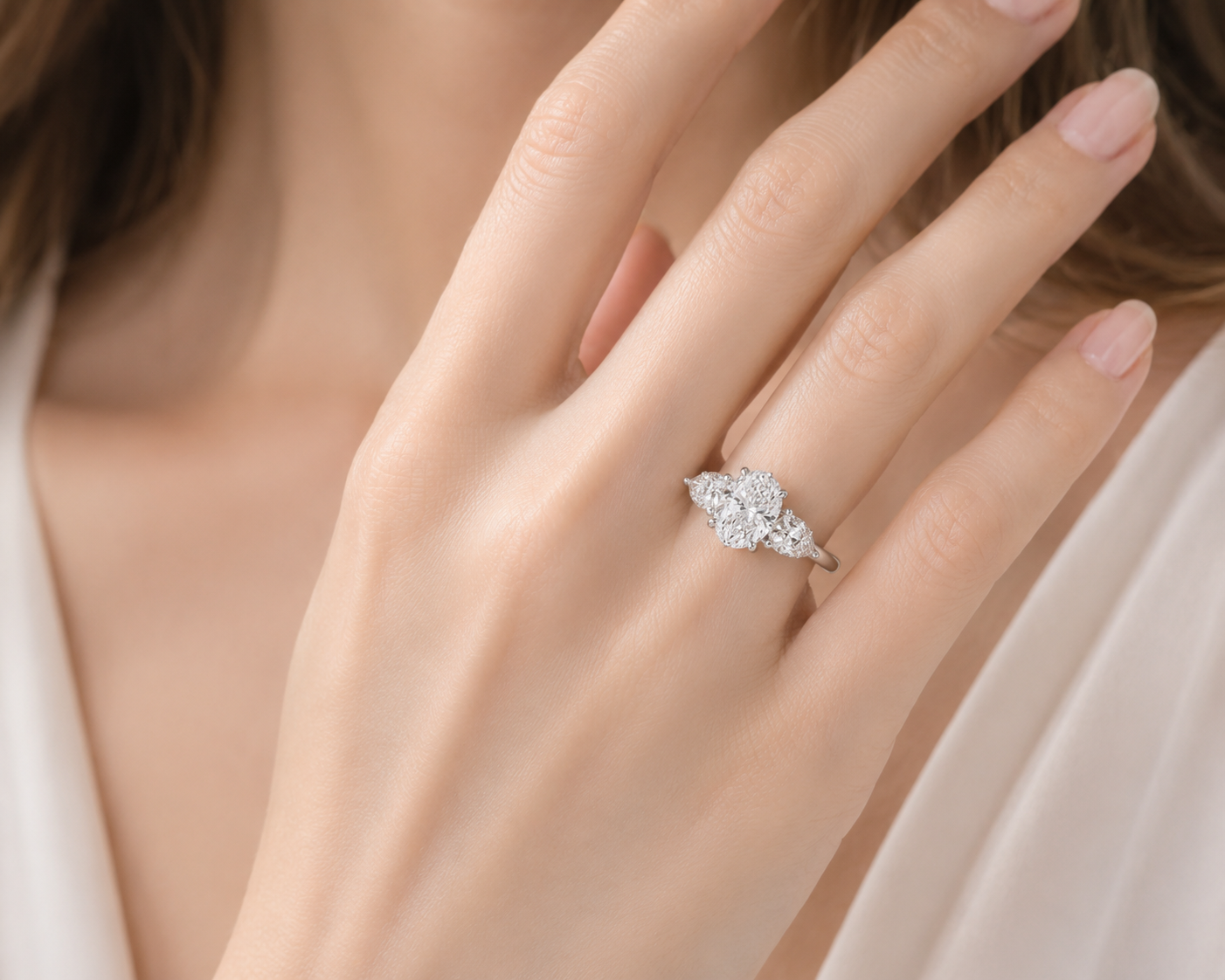 14K Oval 3-Stone Engagement Ring – 2.0 CT Center with 1.0 CT Pear Side Diamonds