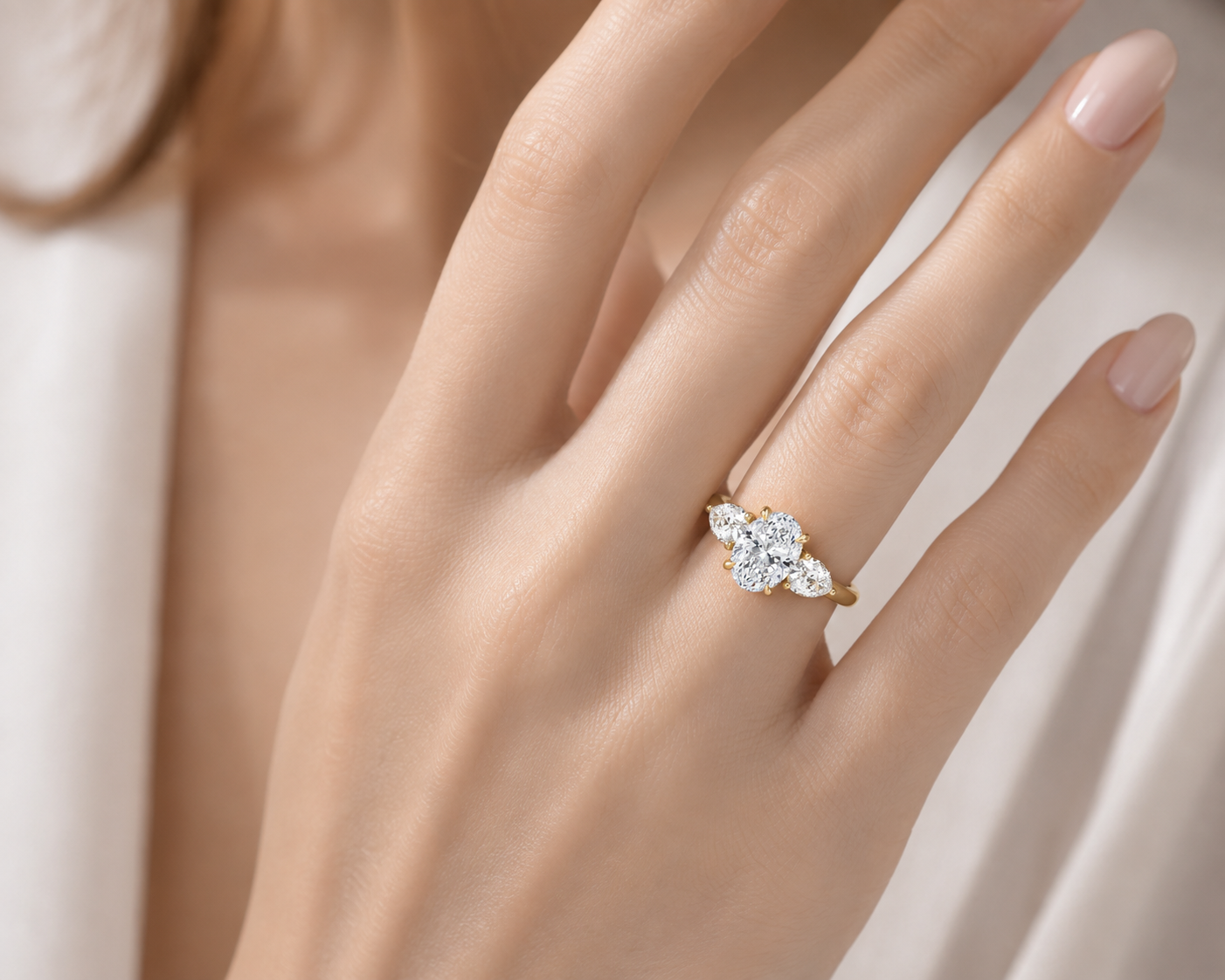 14K Oval 3-Stone Engagement Ring – 2.0 CT Center with 1.0 CT Pear Side Diamonds