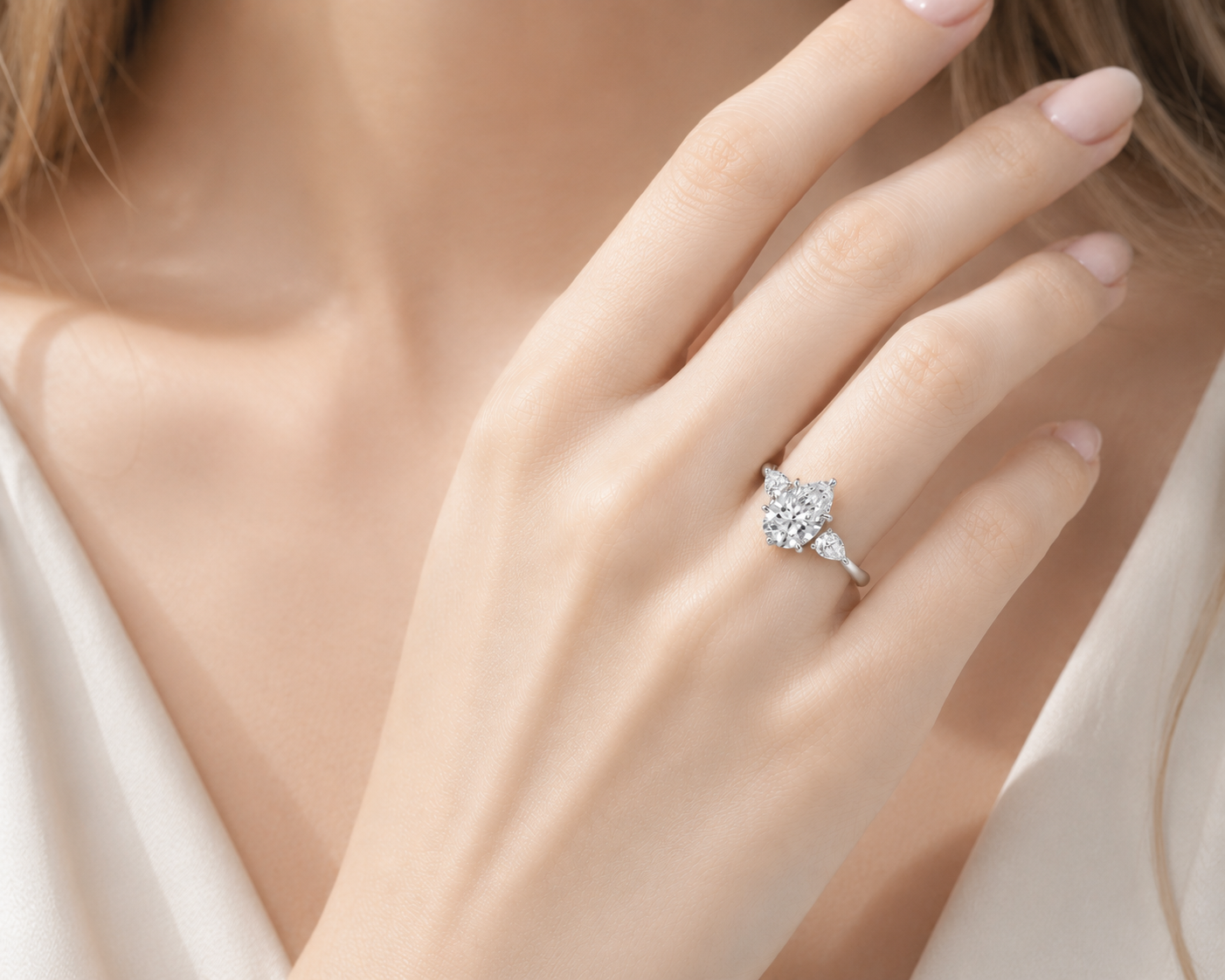 14K Oval 3-Stone Engagement Ring – 2.0 CT Center with 1.0 CT Pear Side Diamonds