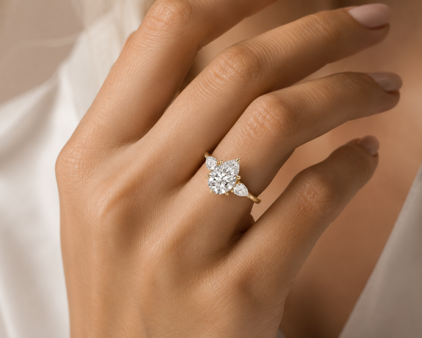 14K Pear 3-Stone Engagement Ring – 3.00 CT Center with 0.75 CT Pear Side Diamonds