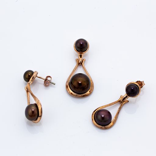 925 Sterling Silver Set - Dangling chocolate Pearl Earring and Pendant