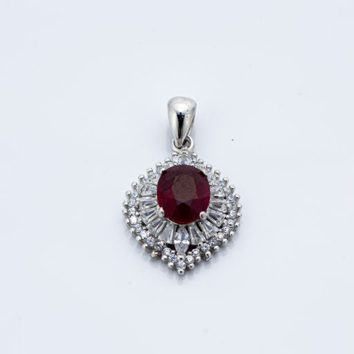 925 Sterling Silver Oval Genuine Ruby Stone with CZ Pendant