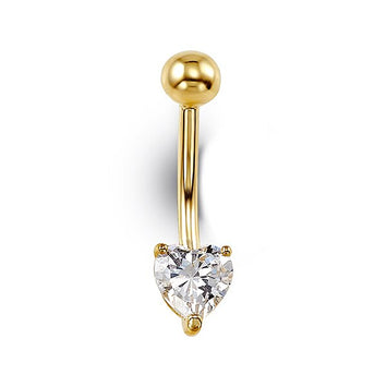14K Yellow Gold with CZ Heart Belly Ring Blossoms 7025