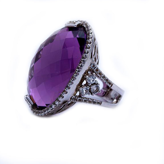 925 Sterling Silver Ring with Oval Genuine Amethyst with CZ