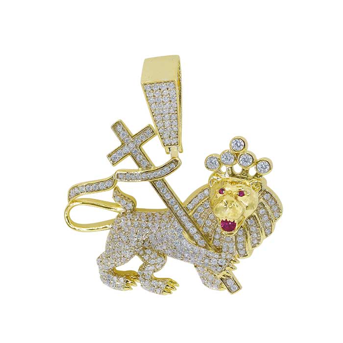 925 Sterling Silver Lion and Cross Pendant with CZ-CHCZ7244-GOLD