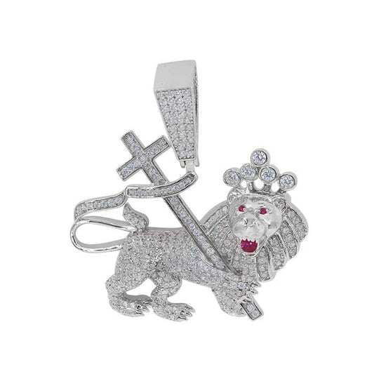 925 Sterling Silver Lion and Cross Pendant with CZ-CHCZ7244-RH