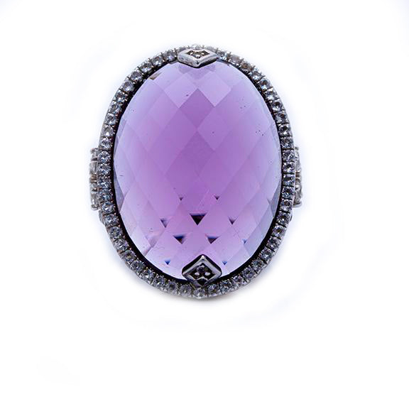 925 Sterling Silver Ring with Oval Genuine Amethyst with CZ